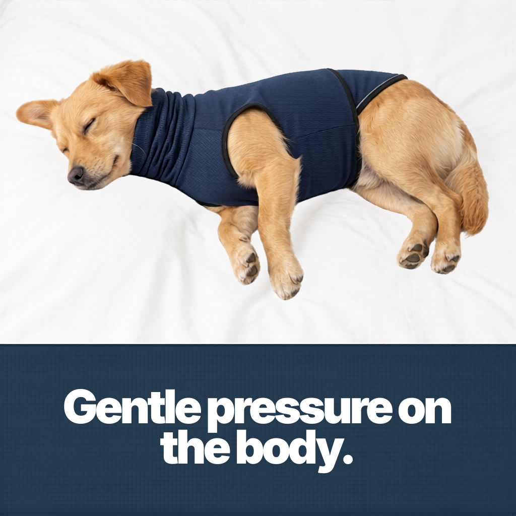Dog sleeping peacefully in HushPup suit — gentle pressure on the body
