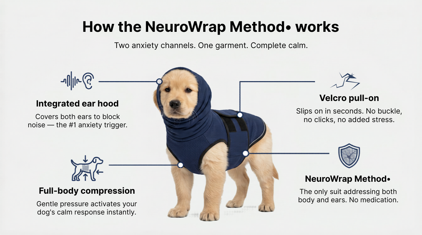 How the NeuroWrap Method works — integrated ear hood, full-body compression, velcro pull-on, dual-channel anxiety relief