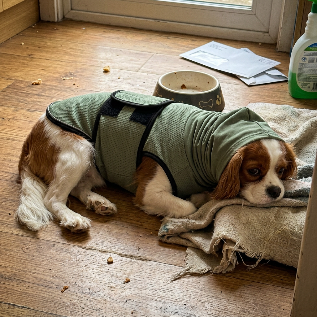 Customer photo: Cavalier King Charles Spaniel wearing HushPup green suit, resting at home
