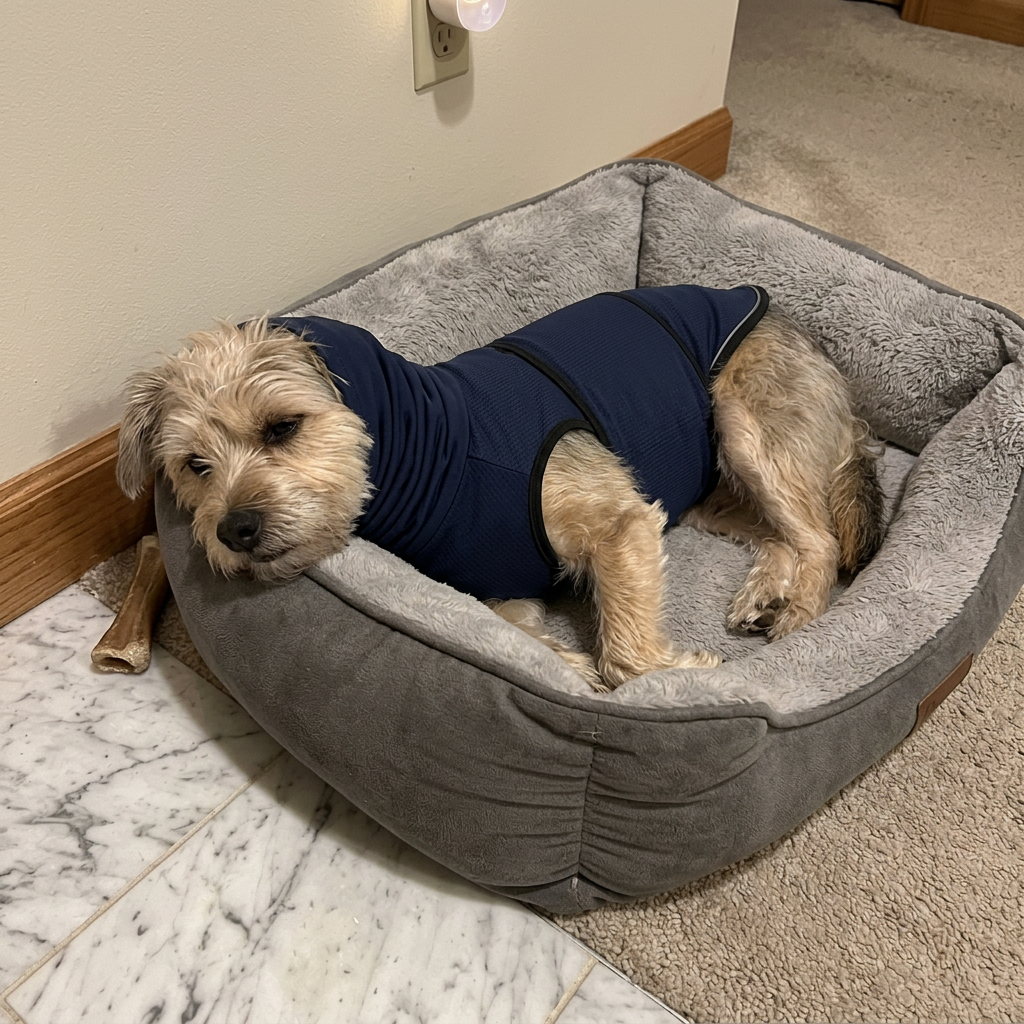 Real customer photo — dog relaxed in HushPup suit