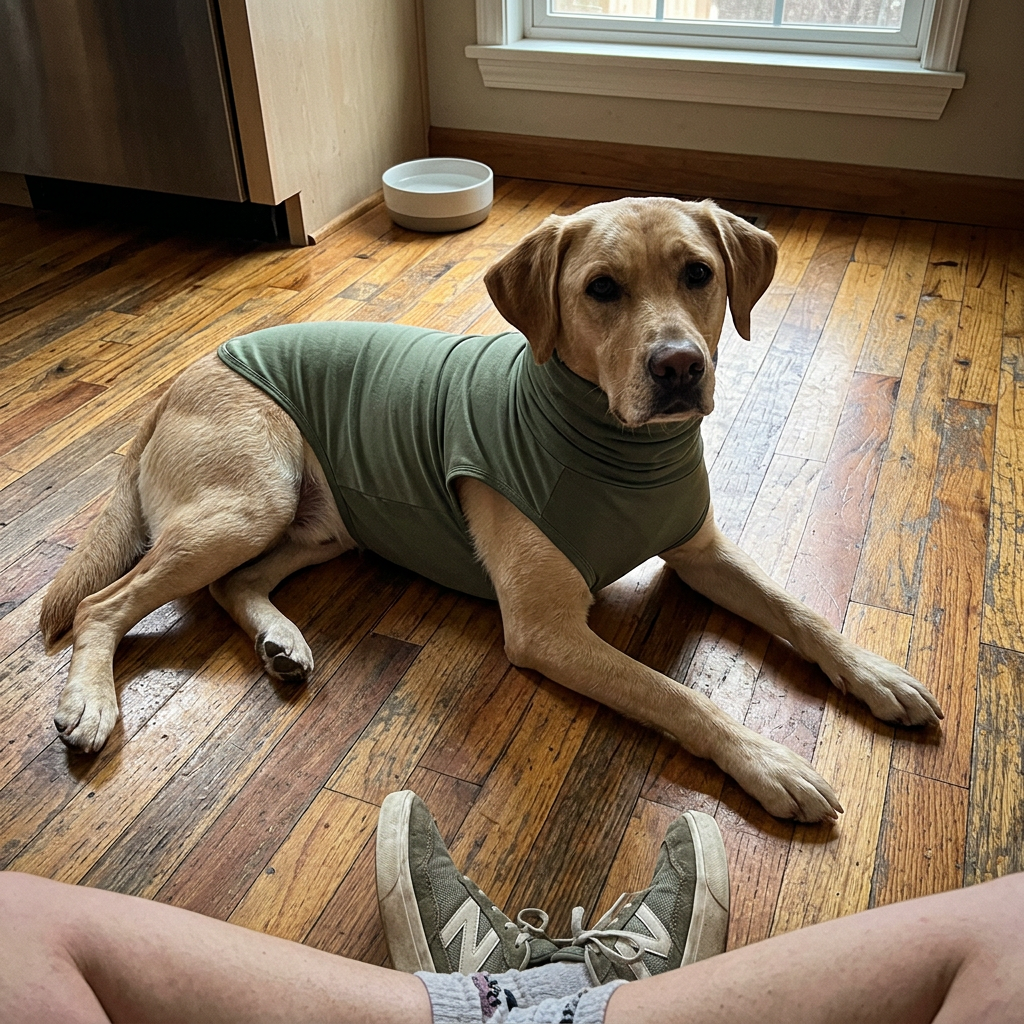 Customer photo: dog wearing HushPup suit, relaxed and calm