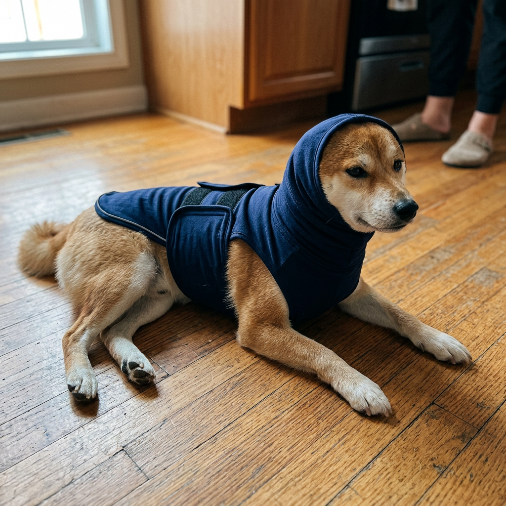 Customer photo: dog in HushPup suit, calm during fireworks