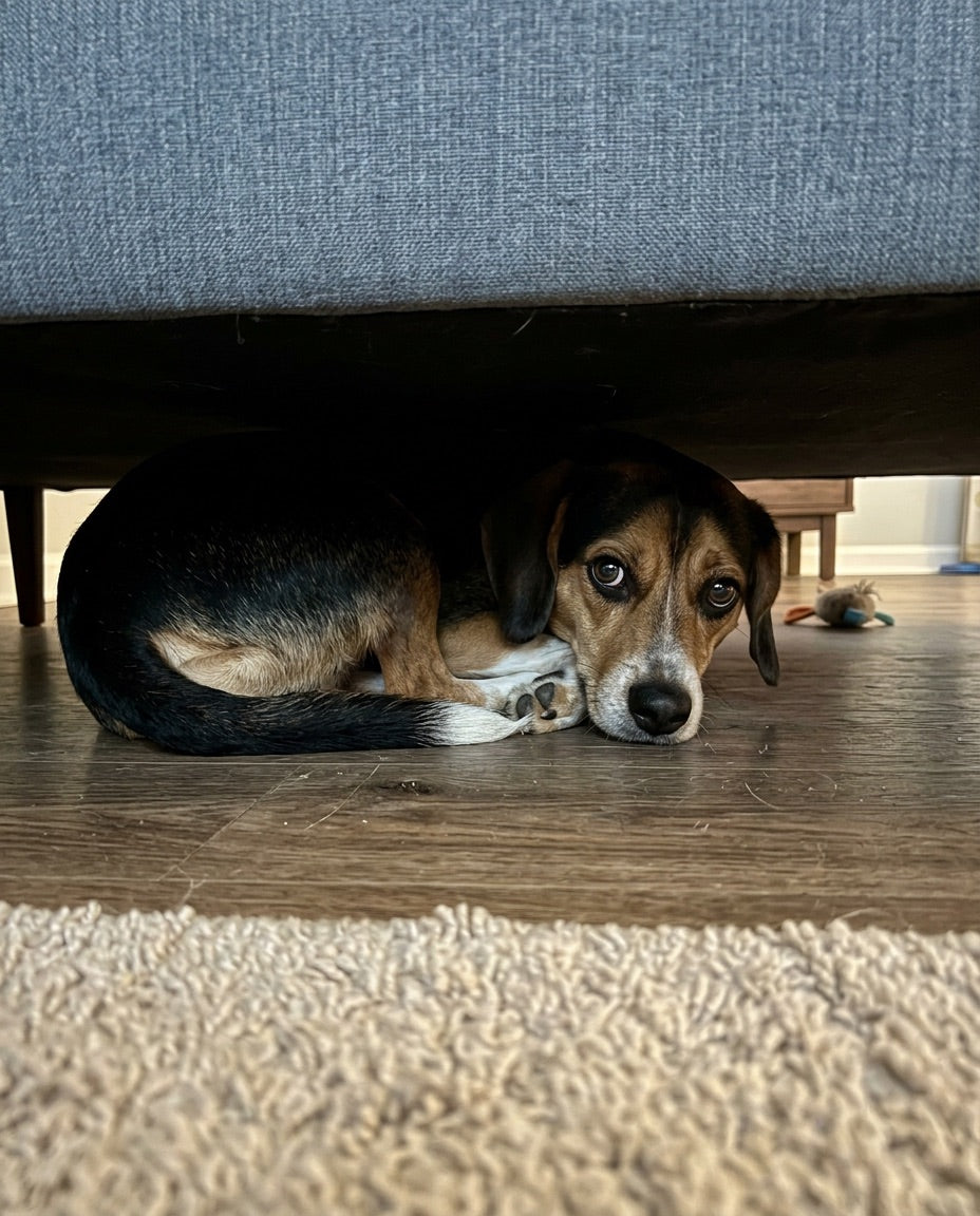 Beagle hiding under a sofa, showing signs of anxiety