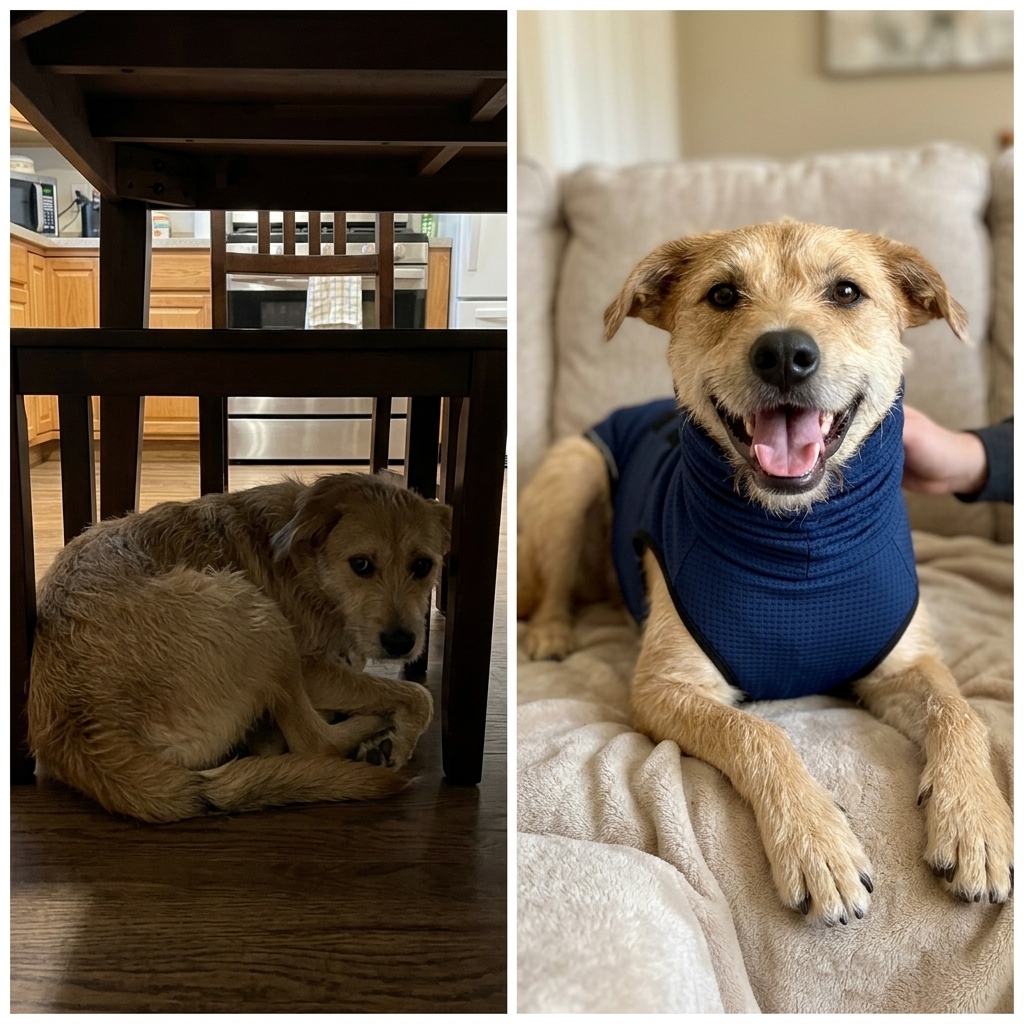 Before and after — anxious dog hiding vs. relaxed dog in HushPup suit