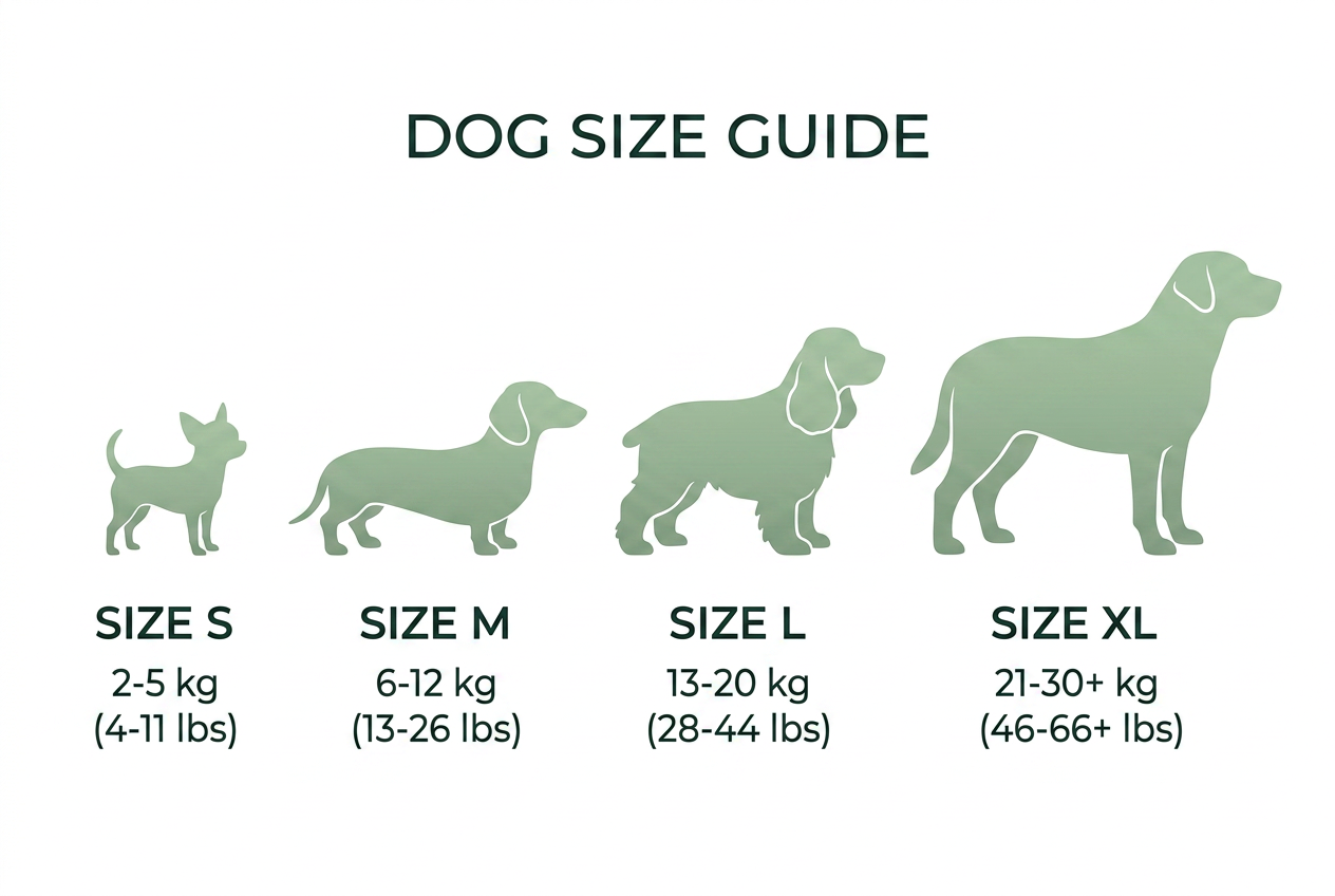 Dog size guide showing S through XL with silhouettes and weight ranges
