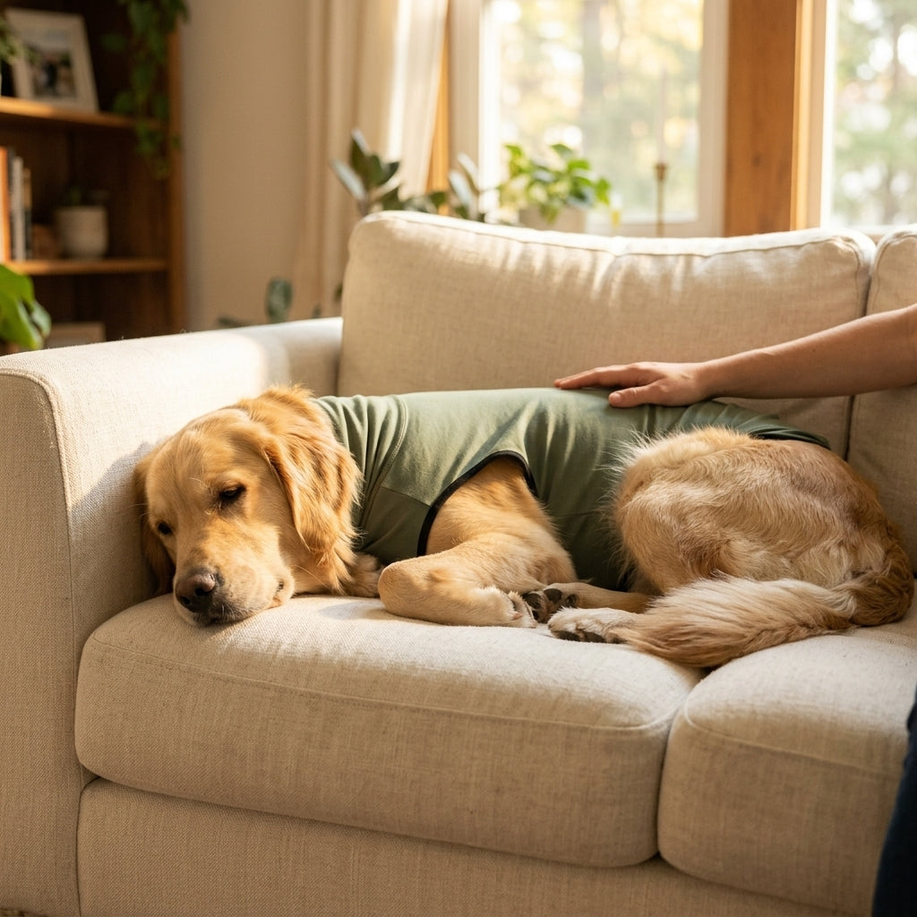 Golden Retriever in HushPup suit, completely calm and settled on a cream sofa