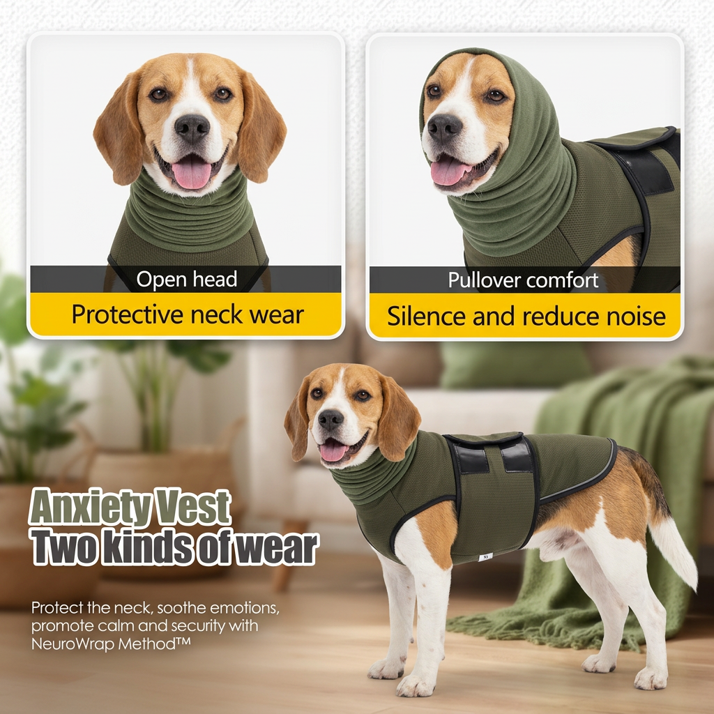 HushPup two wear modes — body mode (mild anxiety) and full NeuroWrap mode (severe triggers)
