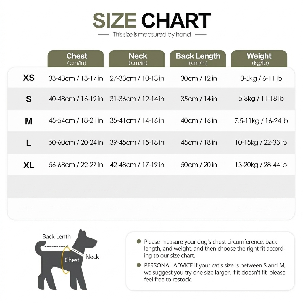 Detailed size chart with chest, neck and back measurements for all sizes