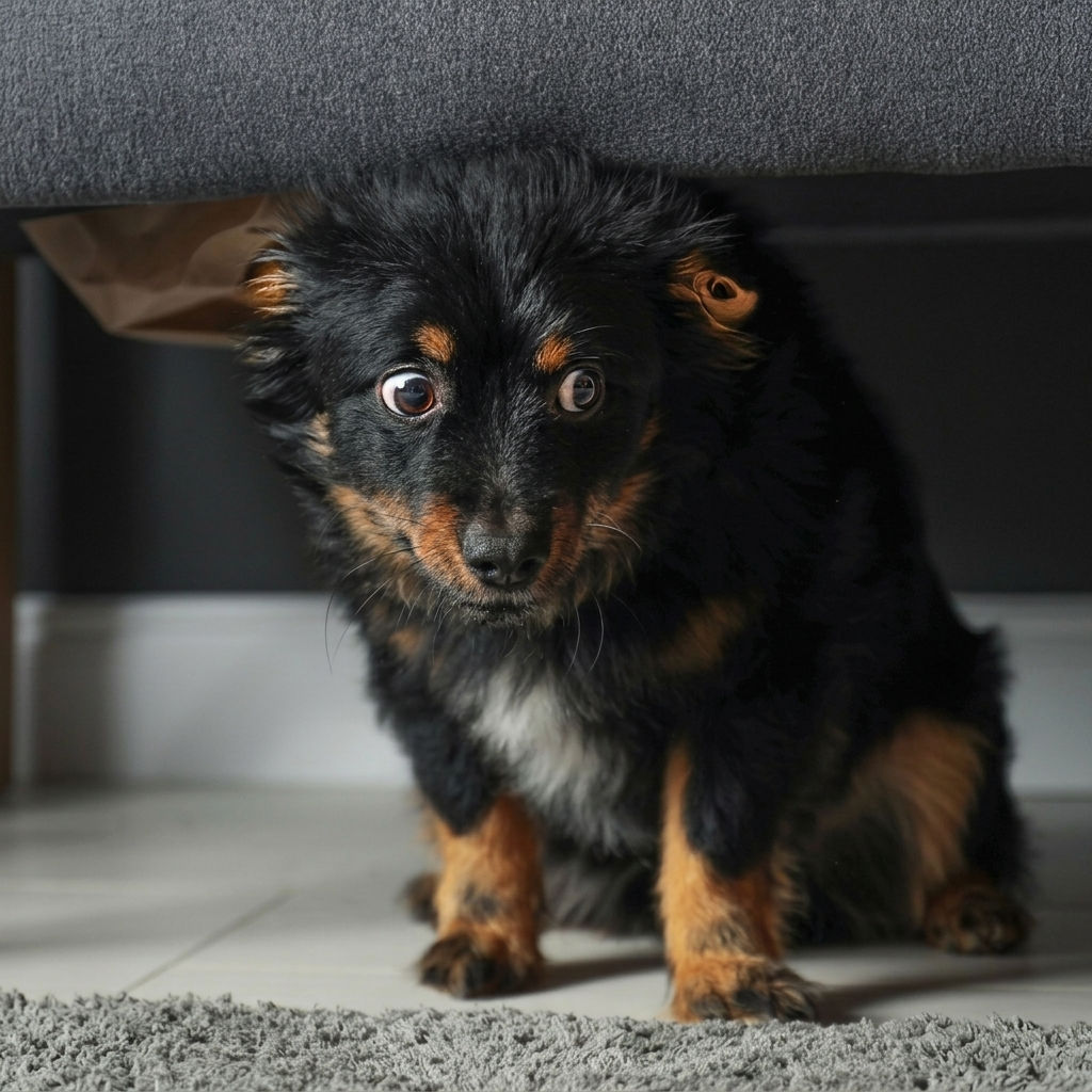 Small anxious dog hiding, wide frightened eyes — every dog owner knows this look