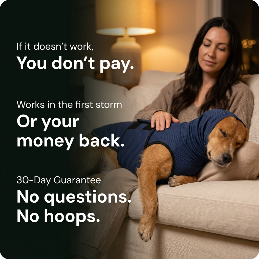 Woman on sofa with calm dog wearing HushPup suit