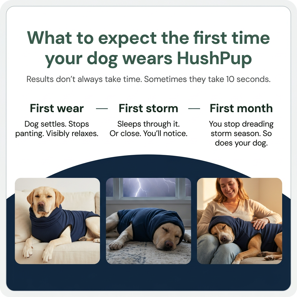 What to expect with HushPup — first wear, first storm, first month timeline