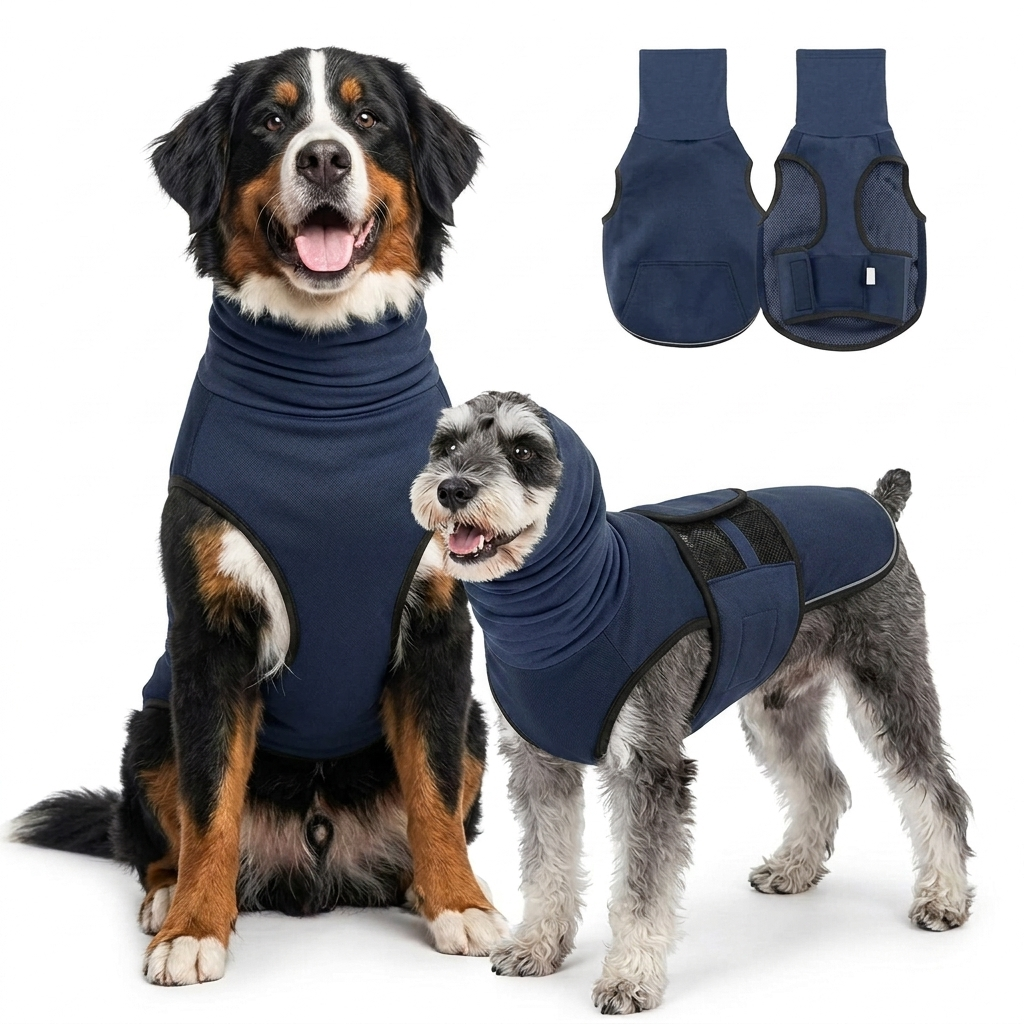 Bernese Mountain Dog and Schnauzer both wearing HushPup anxiety suits — two-dog product shot