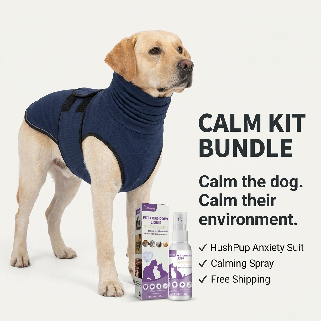 Dalmatian wearing HushPup suit being sprayed with HushPup Calm Spray — environmental anxiety relief