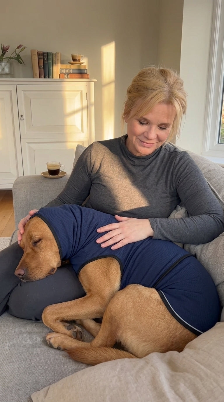 Woman sitting on sofa with calm dog wearing HushPup navy anxiety suit on her lap
