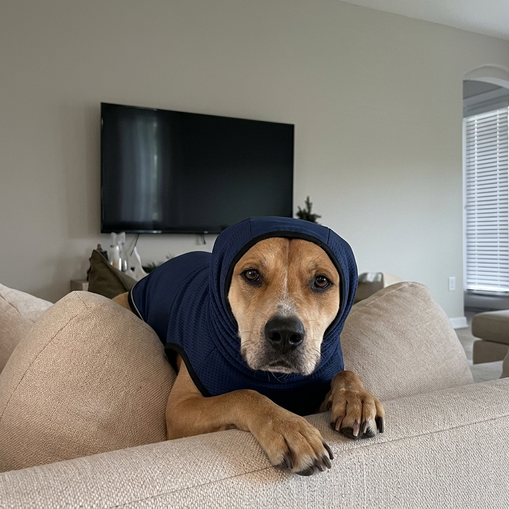 Customer photo: dog in HushPup suit, calm during fireworks